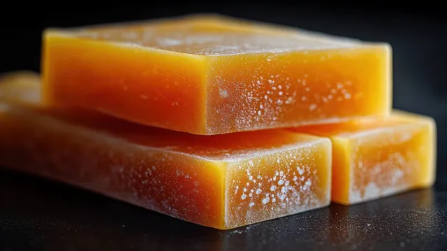 Close-up of three stacked translucent orange ice pops with frosty crystals on a dark surface.