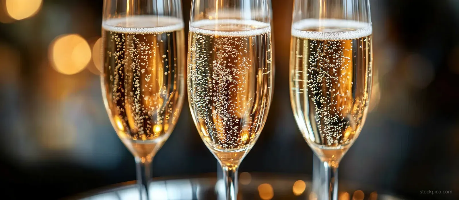 Three champagne flutes with sparkling bubbles sit on a tray with warm glowing bokeh lights behind.