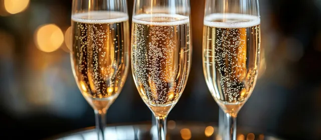 Three champagne flutes with sparkling bubbles sit on a tray with warm glowing bokeh lights behind.