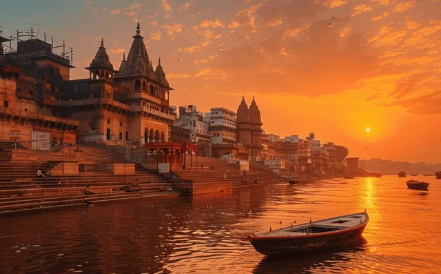 Boat on the Ganges near stepped Varanasi ghats with temple spires at sunset in an orange fractal glow.