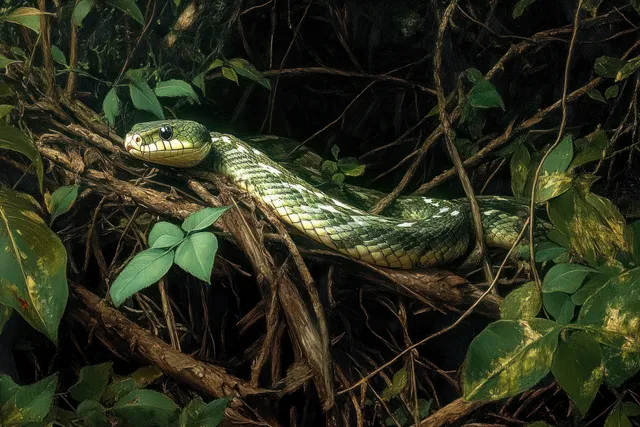 Green snake coiled on tangled tree branches among dark foliage and bright green leaves in a forest.