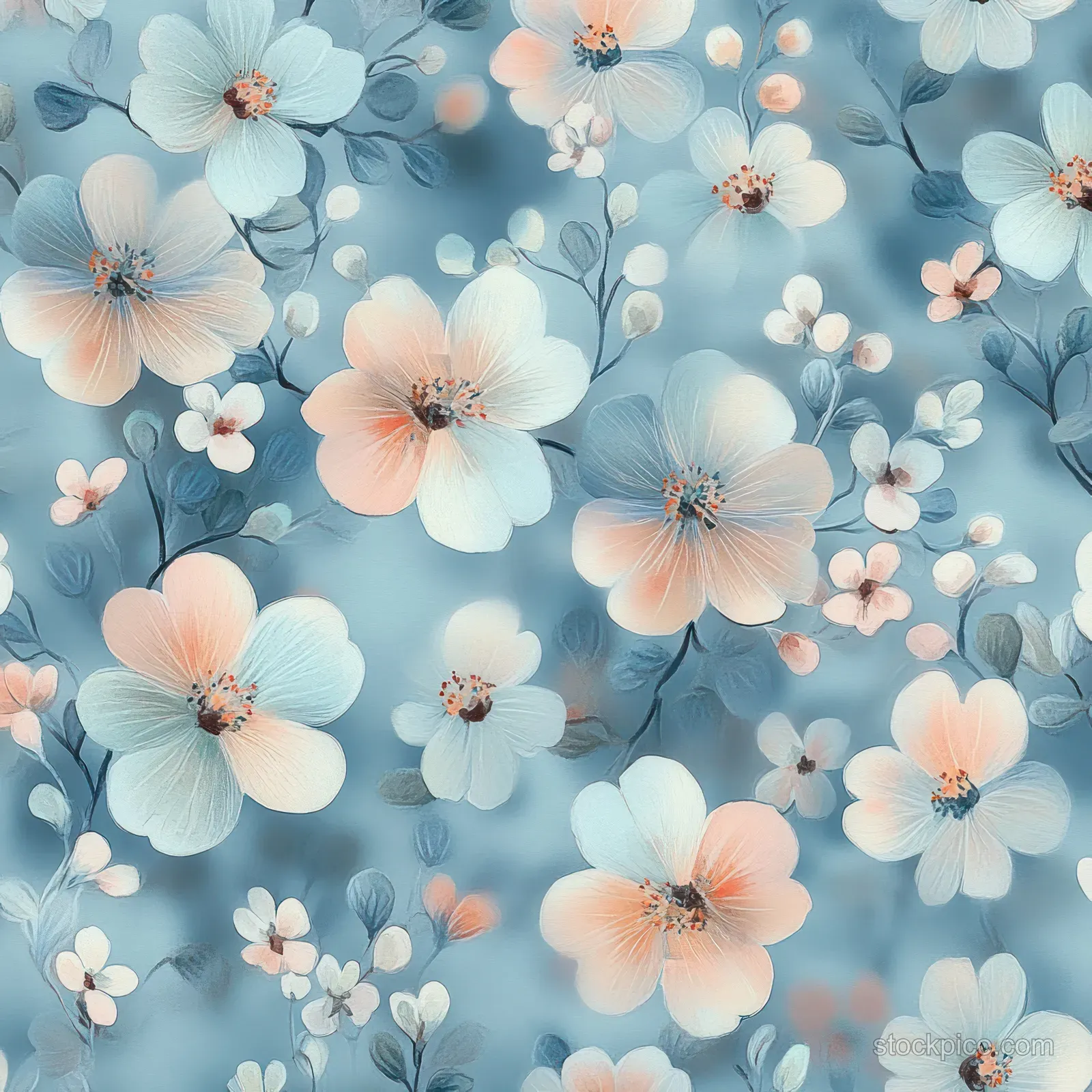 Seamless pastel watercolor pattern of blue flowers, peach blossoms, and small butterfly accents on a soft background.