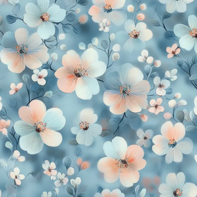 Seamless pastel watercolor pattern of blue flowers, peach blossoms, and small butterfly accents on a soft background.
