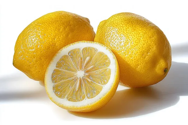 Two whole lemons and a lemon half with visible juicy segments sit on a white background with soft shadows.