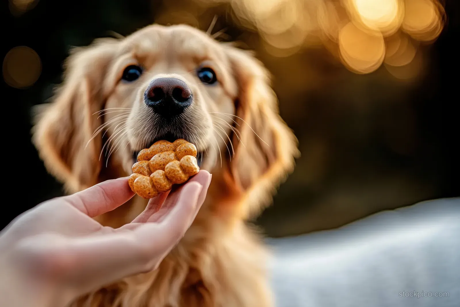 A golden retriever reaches toward a human hand holding a round dog treat with warm blurred lights in the background.