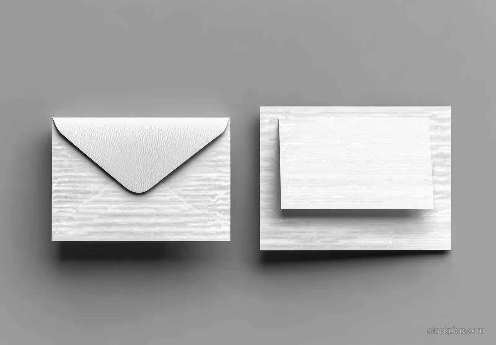 Two white folded greeting card and invitation mockups with a blank envelope displayed on a gray background.