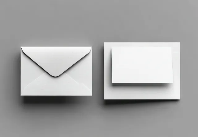 White folded greeting card mockups and blank invitation envelope on gray background
