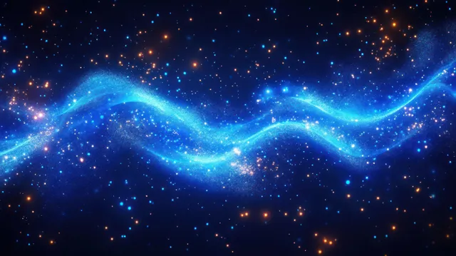 A bright blue glowing wave undulates across a dark starry background with scattered stardust particles.