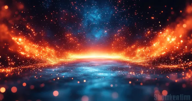 Glowing cosmic explosion over dark horizon with red and blue particles