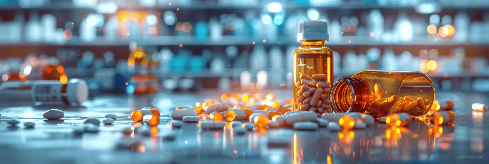 Amber pill bottle with scattered capsules on a lab bench beside blurred medical research equipment.