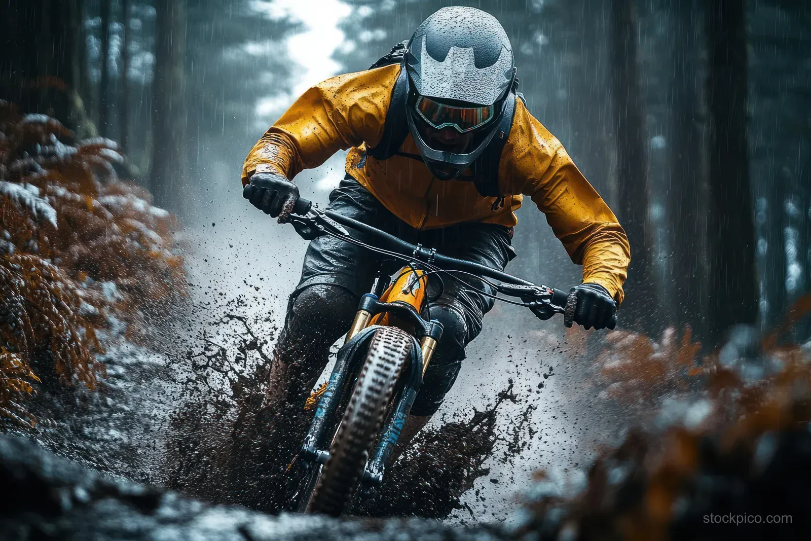 Cyclist in a yellow rain jacket and helmet rides a muddy mountain bike trail, spraying water in a rainy forest.