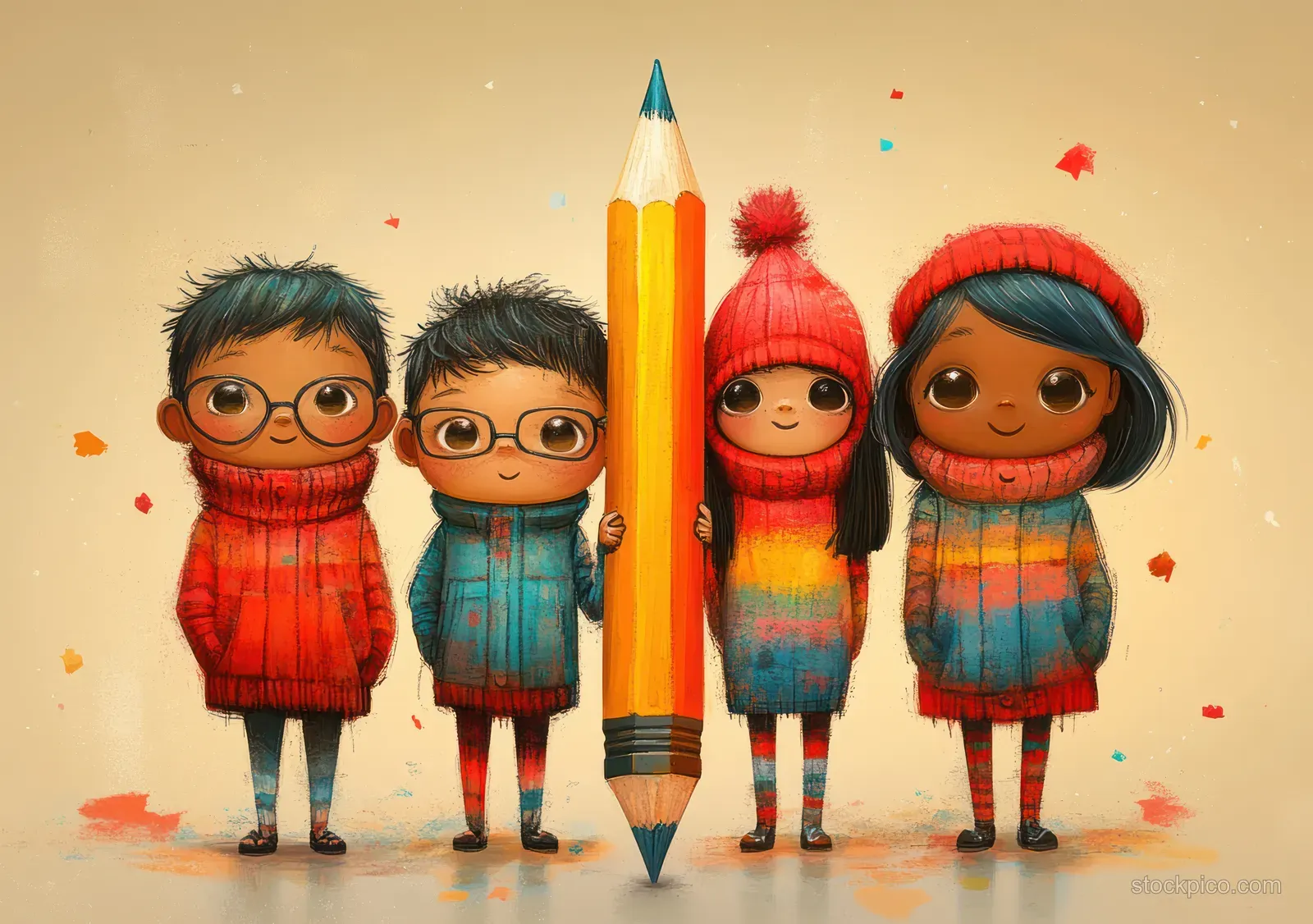 Four cartoon coworkers stand together beside a giant yellow pencil with red and green confetti in a bright office-like setting.
