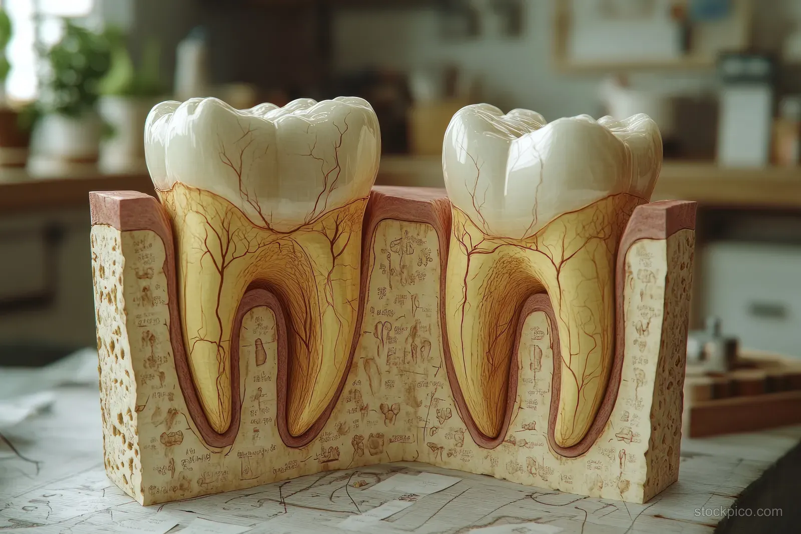 Cross-sectional tooth model with visible enamel and inflamed gum tissue for dental health education.