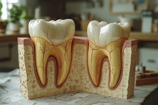Cross-sectional tooth model with visible enamel and inflamed gum tissue for dental health education.