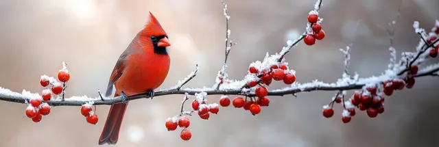 Red cardinal perched on snowy berry branch, winter oil painting with soft frosty light