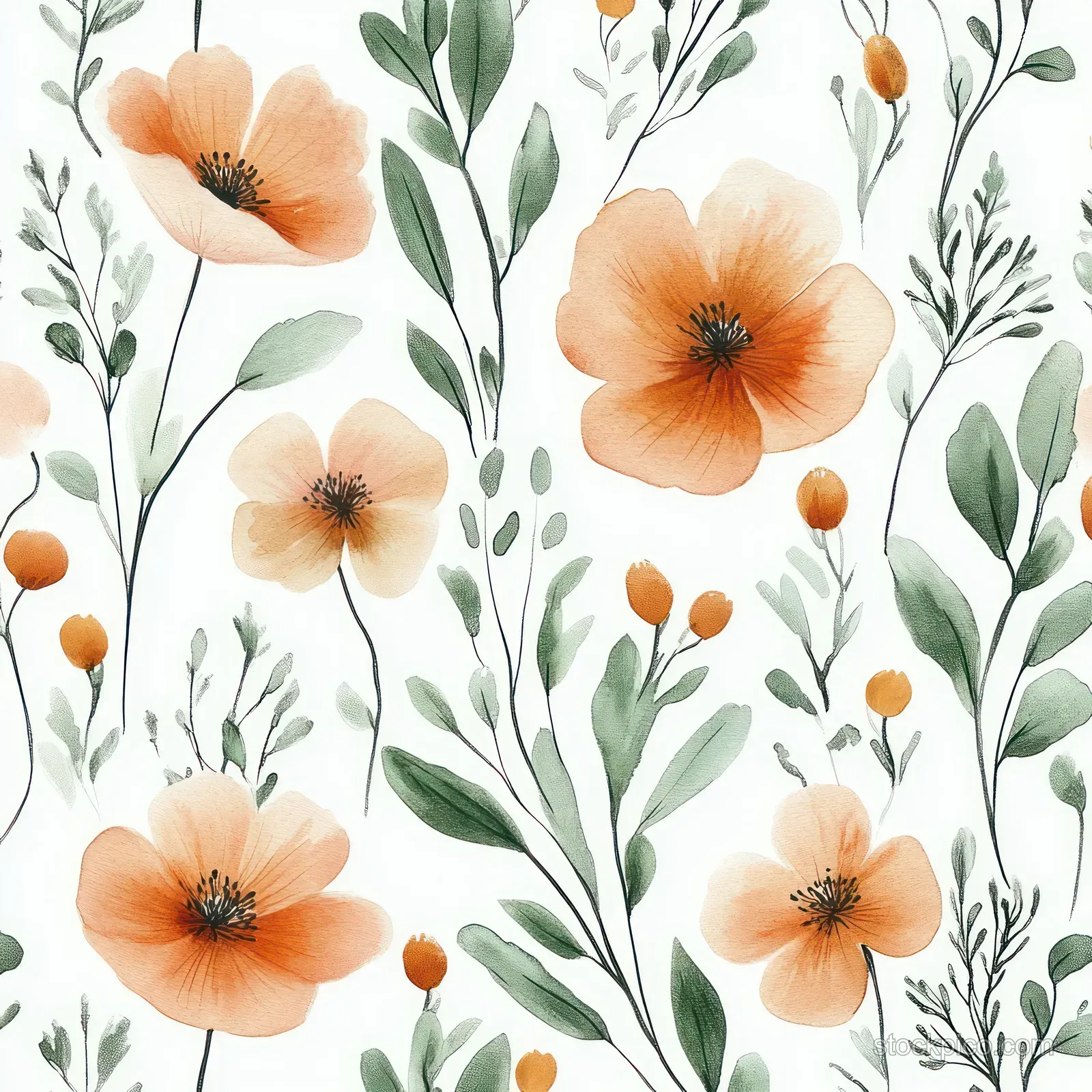 Seamless watercolor pattern of peach flowers and green leaves on a light background.