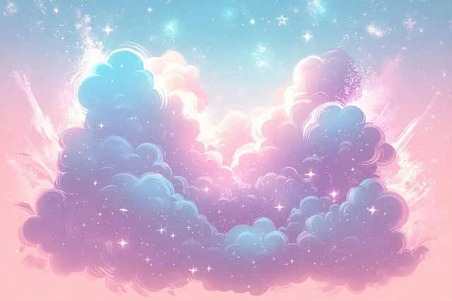 Pastel clouds and glittering stars swirl across a pink blue sky with a soft glowing burst behind them.