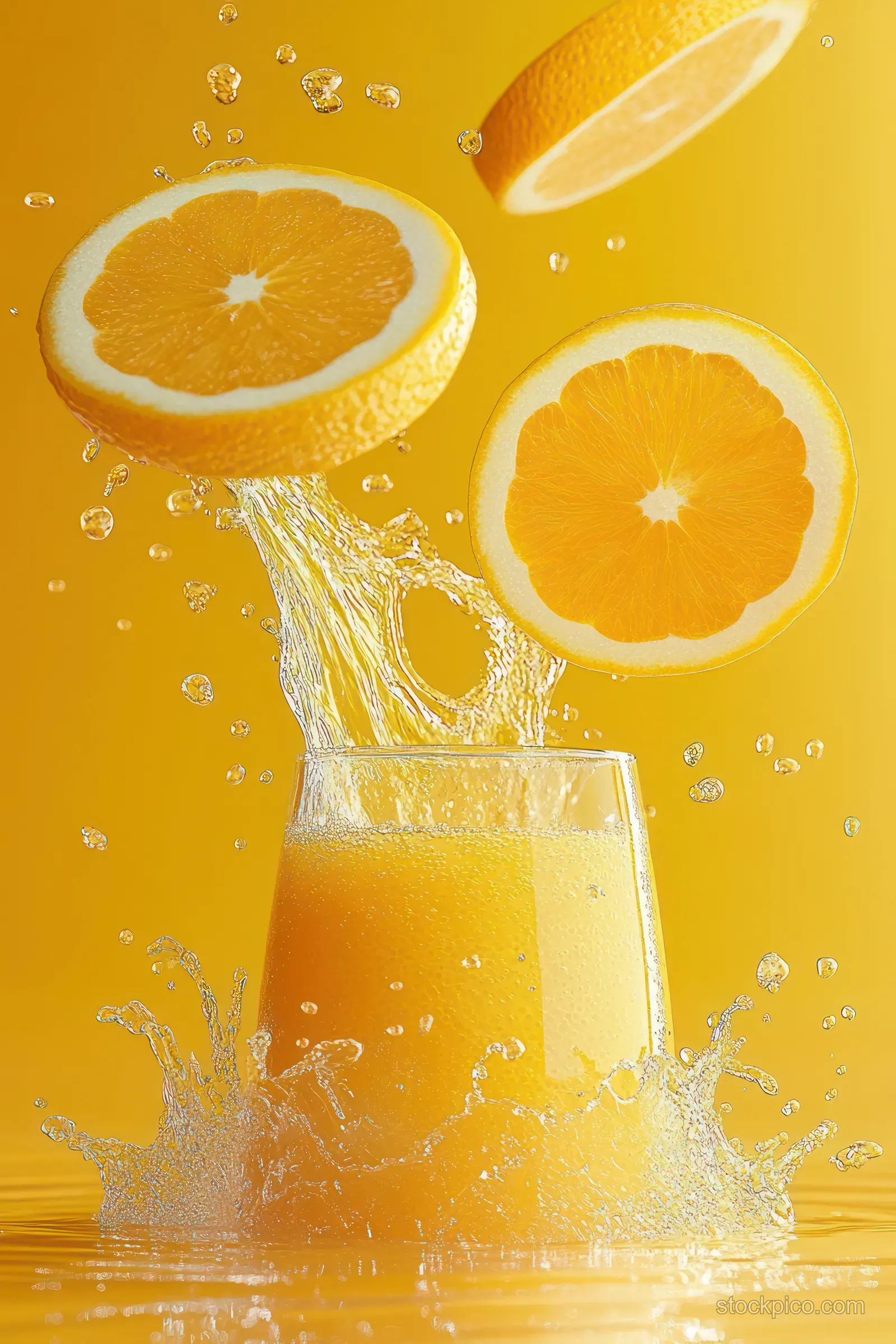 Orange juice splashes from a glass with floating orange slices on a yellow background.