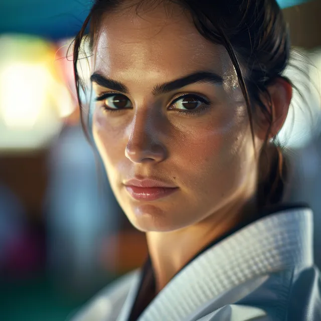 Determined female taekwondo fighter poised in a sparring stance, close-up focus
