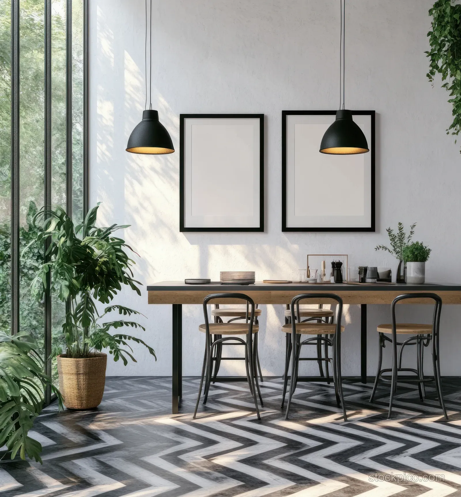 Black and white Scandinavian kitchen interior with two blank poster frames above a bar table and green plants near windows.