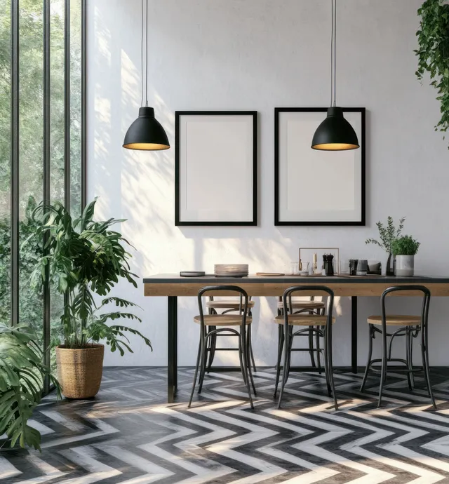 Black and white Scandinavian kitchen interior with two blank poster frames above a bar table and green plants near windows.