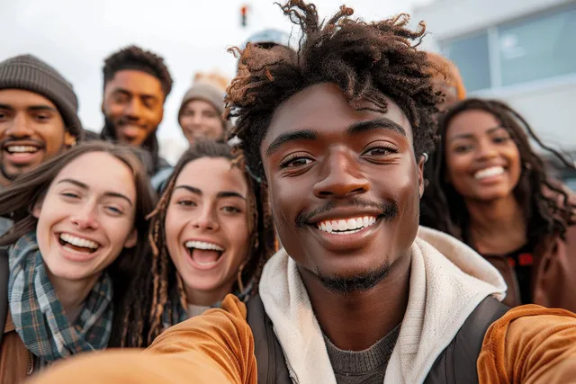 Smiling multiethnic students take a selfie outdoors, holding phones while laughing together with friends.