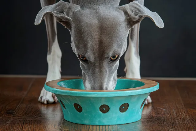 Grey dog drinks from a turquoise pet bowl on a wooden floor with a calm head-down gaze.