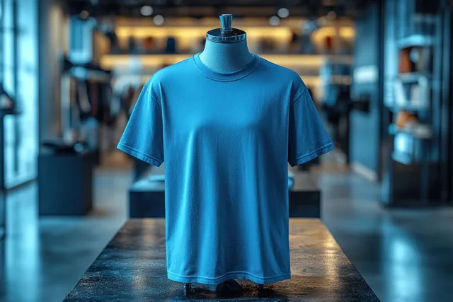 Royal blue minimalist T-shirt on display hanger in softly lit retail showroom
