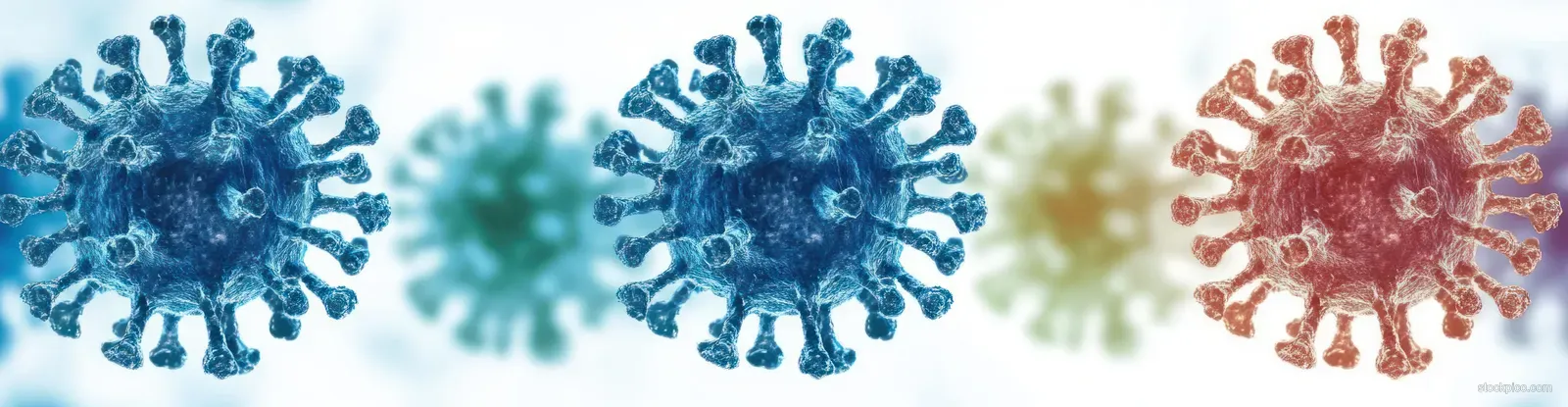 Watercolor virus particles with blue and red spikes float on a softly lit medical background.