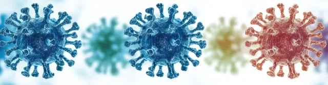 Watercolor virus particles with blue and red spikes float on a softly lit medical background.