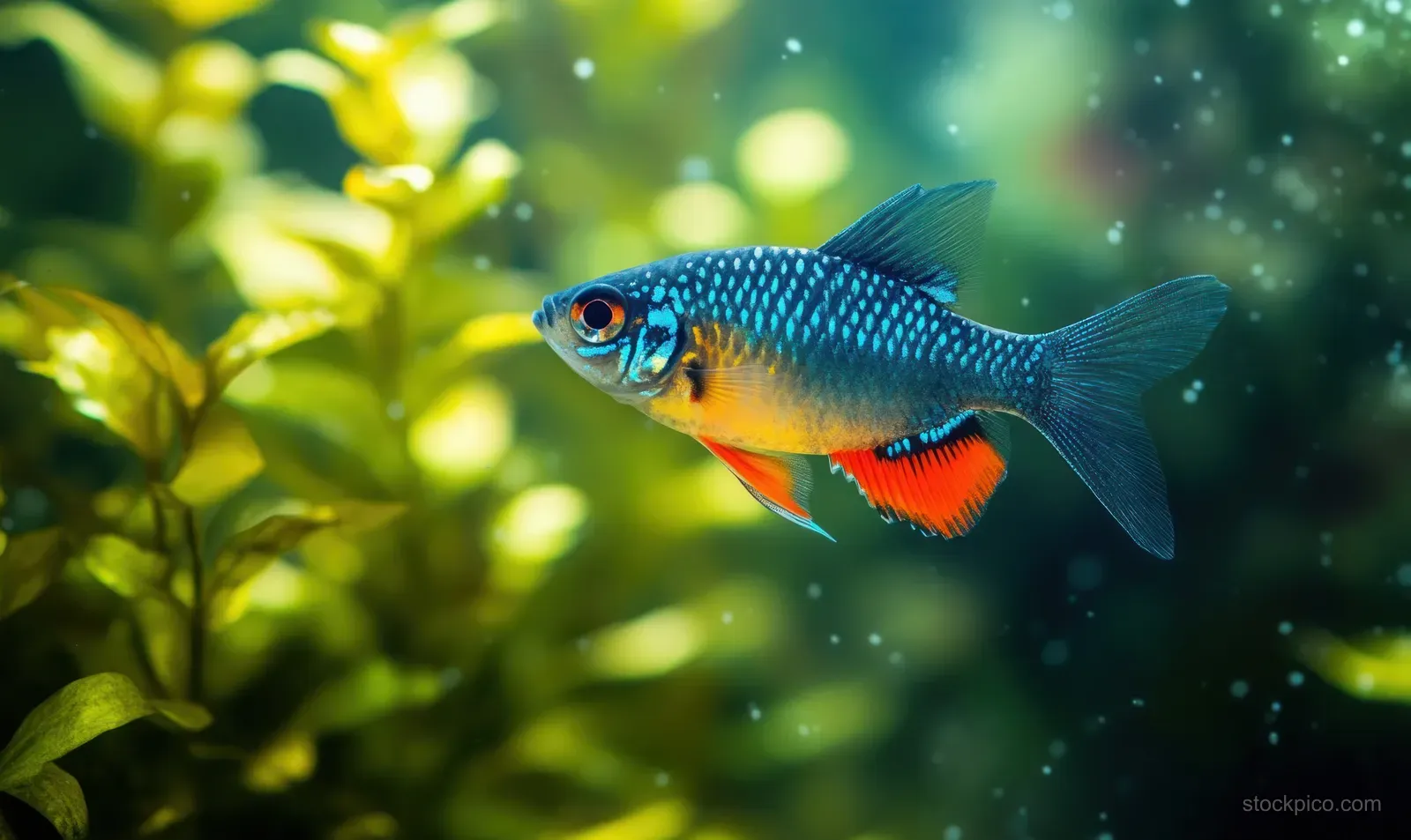 Blue tropical fish swims near green underwater plants with glowing particles in clear water.