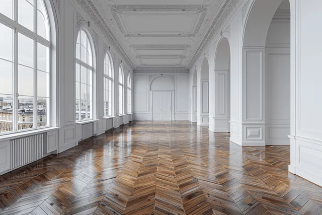 Empty bright hall with herringbone parquet floor, tall arched windows, and white classical wall arches.