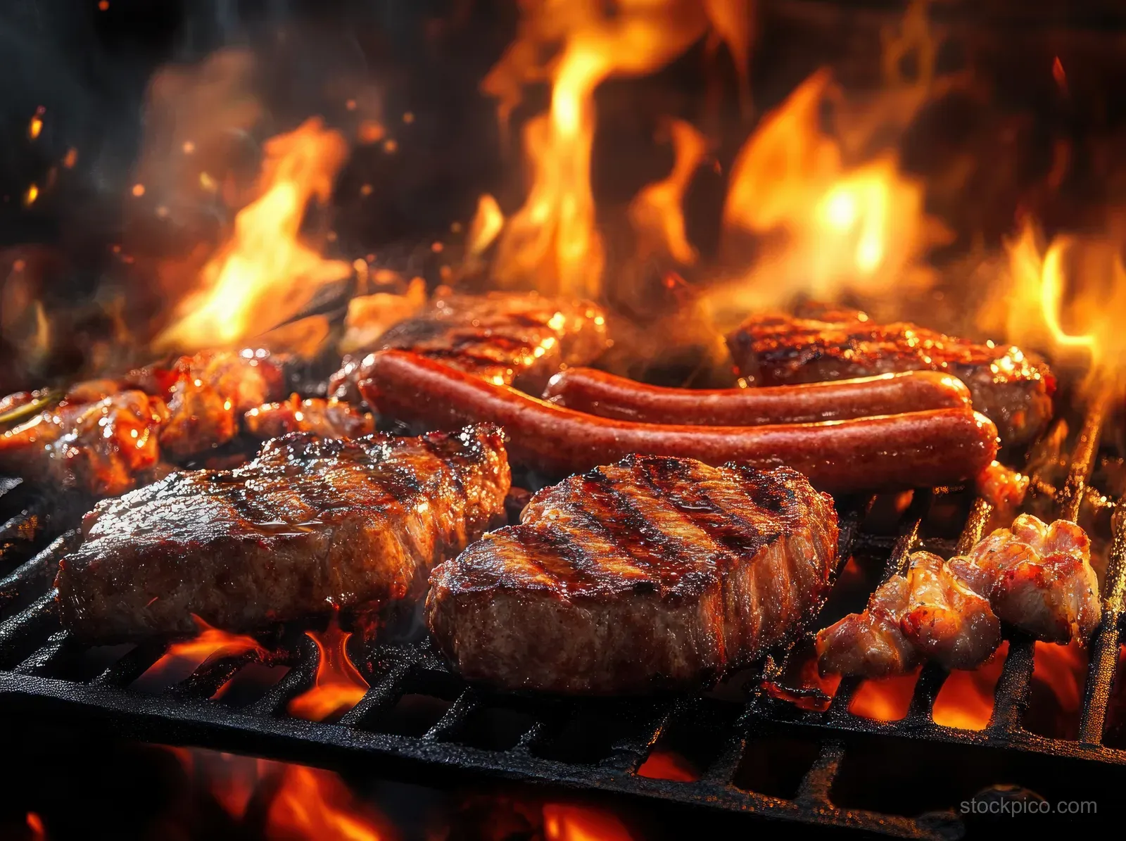 Beef steaks and sausages sizzle on an outdoor grill with bright flames and smoky air behind them.