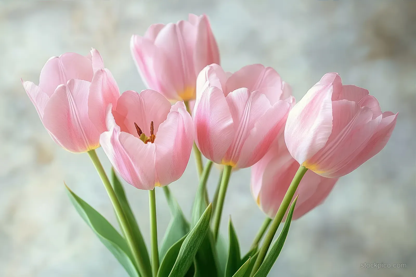Close-up bouquet of soft pink tulips and green stems against a light blurred background.