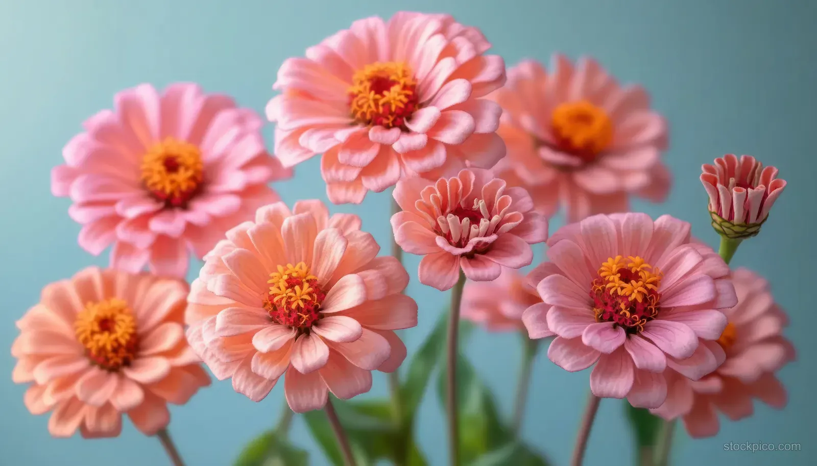 Soft pink zinnia flowers with yellow-orange centers bloom against a blurred blue-green background.