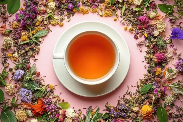 White cup of orange herbal tea on a saucer surrounded by a circular arrangement of dried purple, yellow, and red flowers on pink.