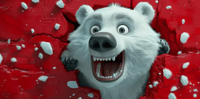 A cartoon polar bear breaks through a red wall, smiling with big teeth and rubble flying around.
