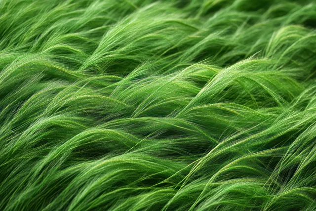 Green grass blades sway in sunlight, creating gentle flowing wave patterns across a meadow background.