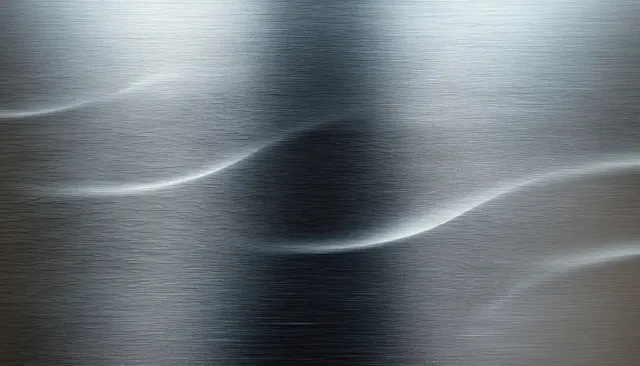 A close-up brushed stainless steel plate surface with diagonal grain and soft reflected highlights.