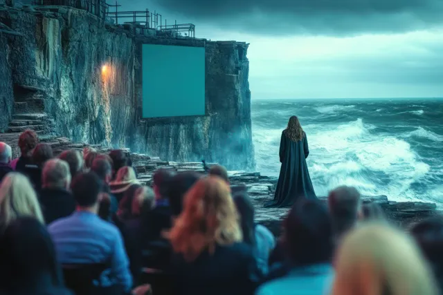 Audience faces a lone figure on stormy sea cliffs beside a blank screen