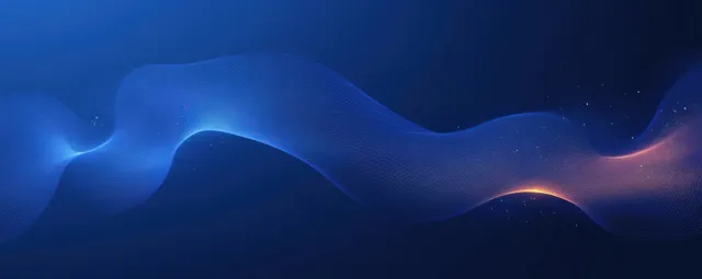 Blue and orange light particles curve into a flowing wave across a dark blue, ocean-like background.