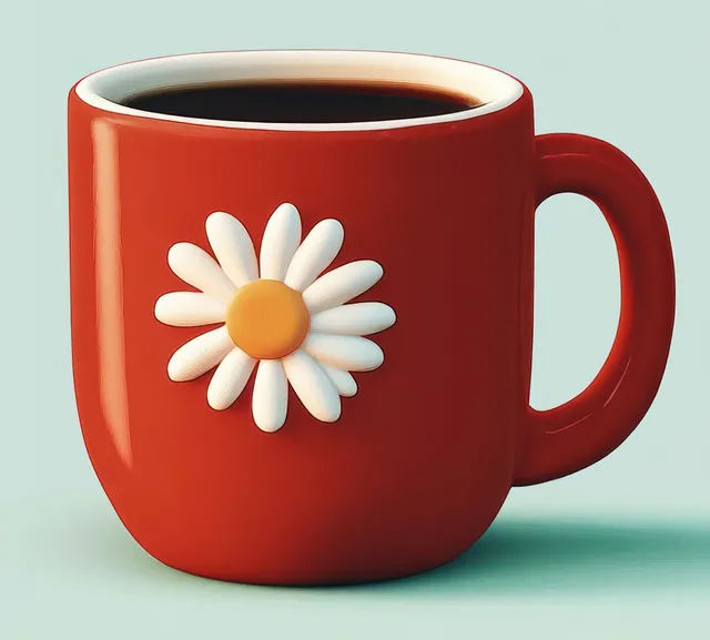 Red ceramic mug filled with black coffee featuring a white daisy with yellow center against a light background.