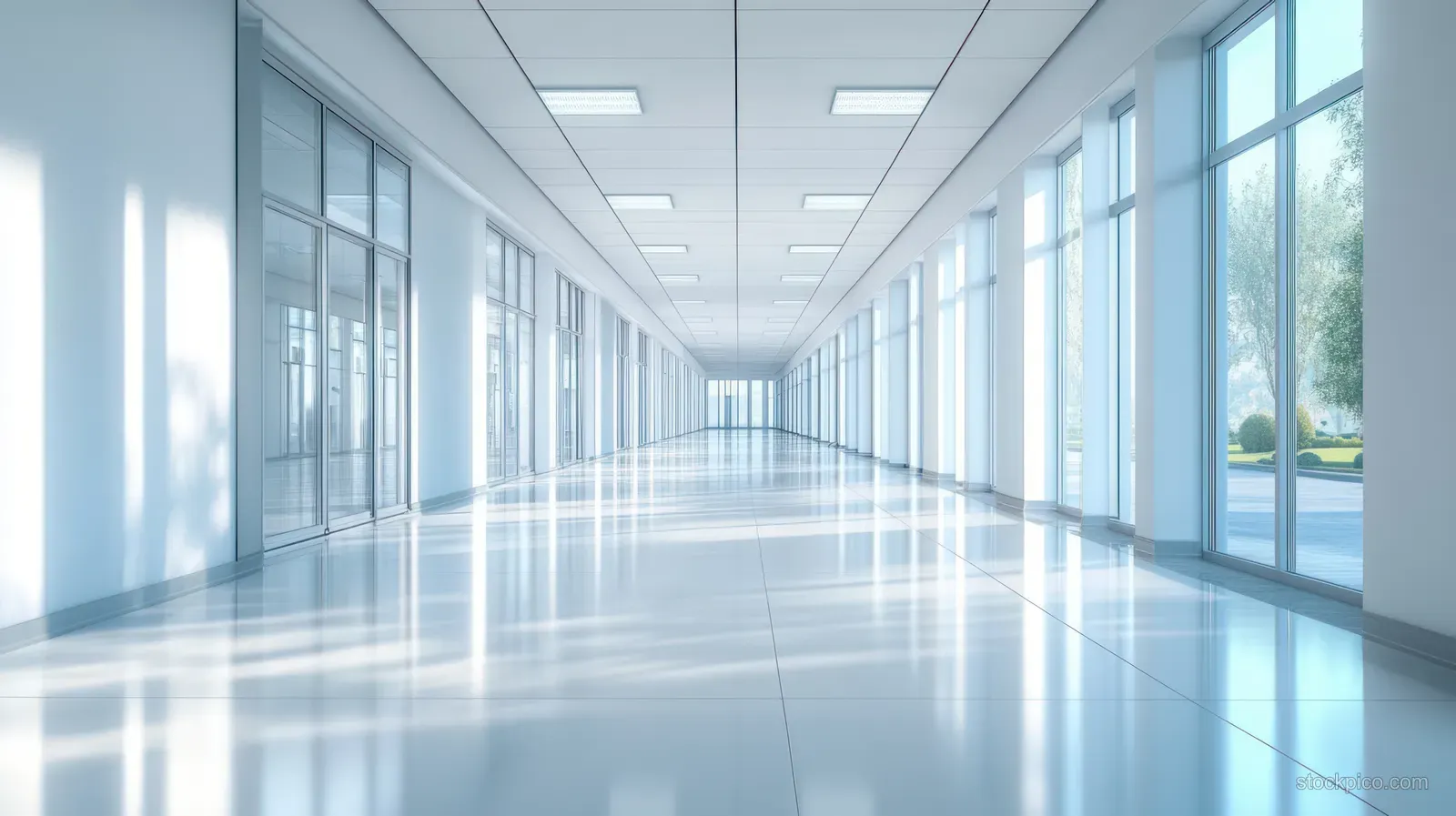 Empty office hallway with glass doors and large windows reflecting bright daylight on a polished floor.