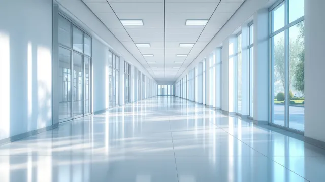 Empty office hallway with glass doors and large windows reflecting bright daylight on a polished floor.