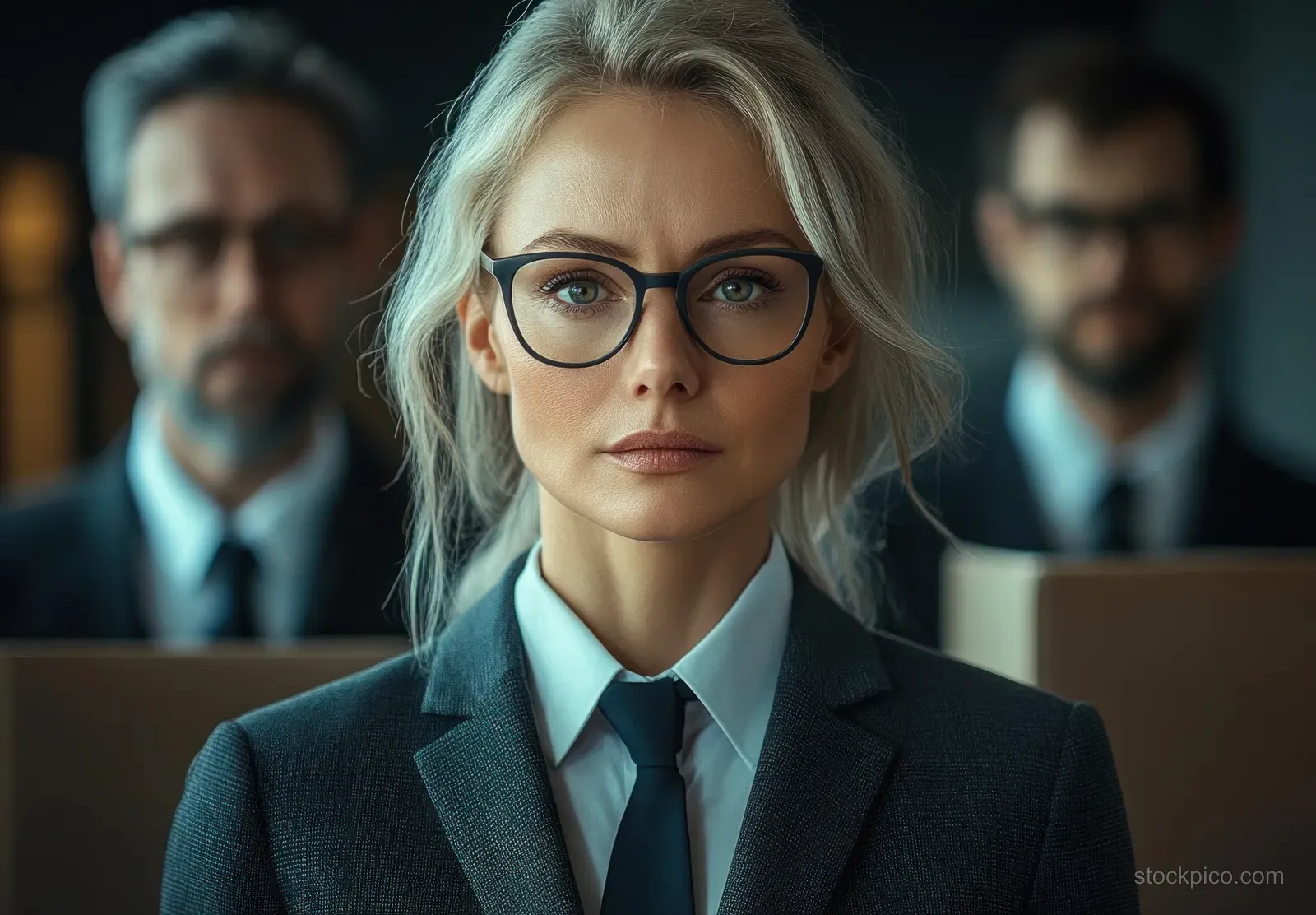 Businesswoman with glasses stands before two formal male colleagues during a serious office meeting.