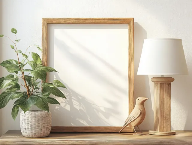 Blank canvas in a wooden frame on a shelf with a green plant, bird figurine, and table lamp in a bright interior.