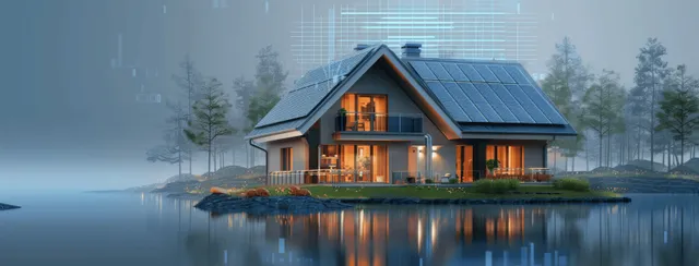 A lakeside house with rooftop solar panels and floating digital charts displaying energy data over the water.
