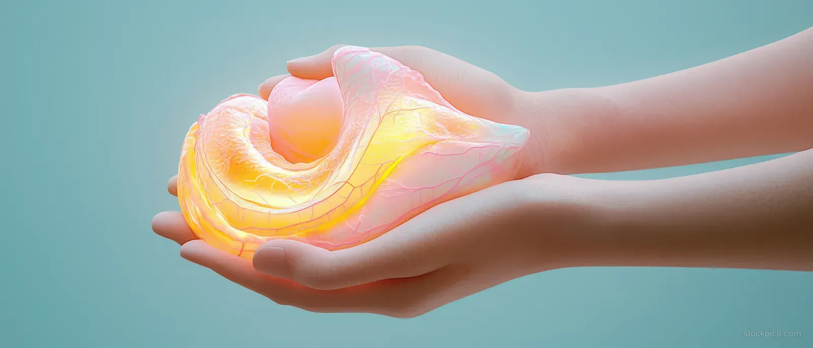 Surreal hands gently cradle a glowing pancreas illustration against a calm blue background.