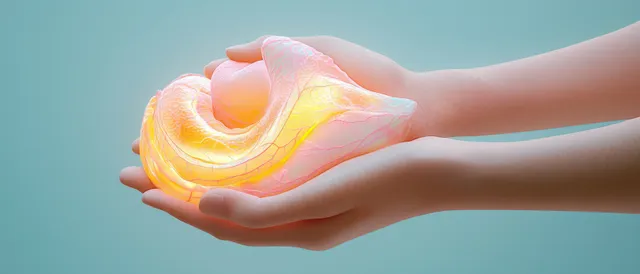 Surreal hands gently cradle a glowing pancreas illustration against a calm blue background.