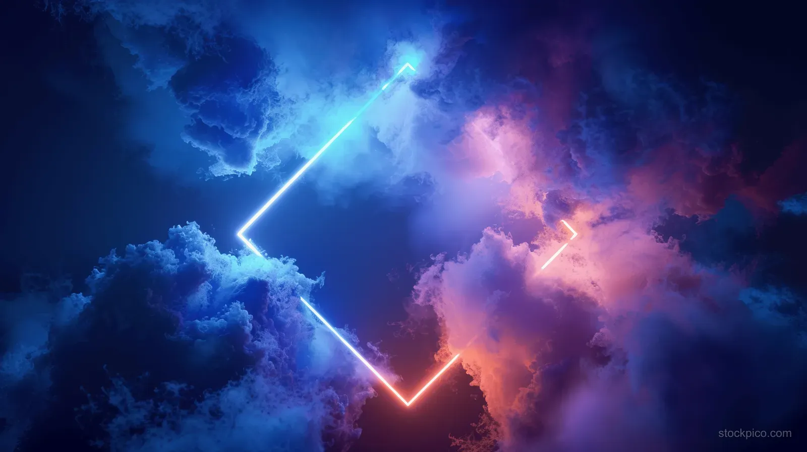 A glowing blue neon rhombus lights up thick storm clouds and smoke over a dark night sky.